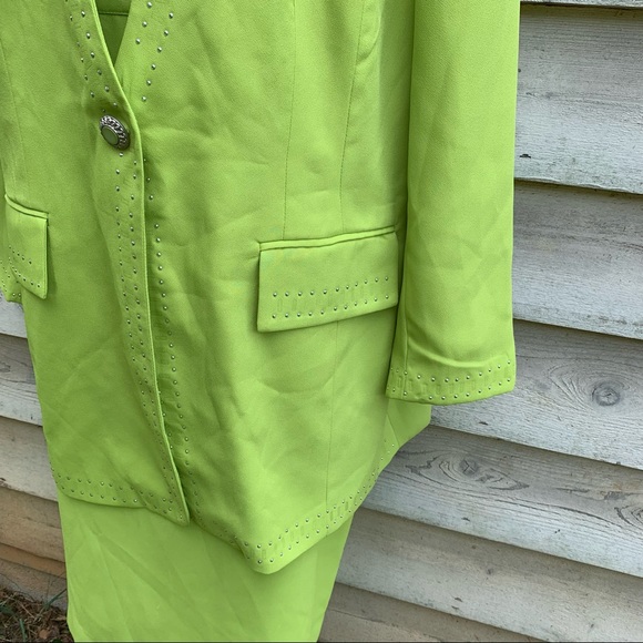 Vintage 80s Neon Lime Green Embellished Bejeweled 2 Piece Coordinated Skirt Set - Picture 11 of 16